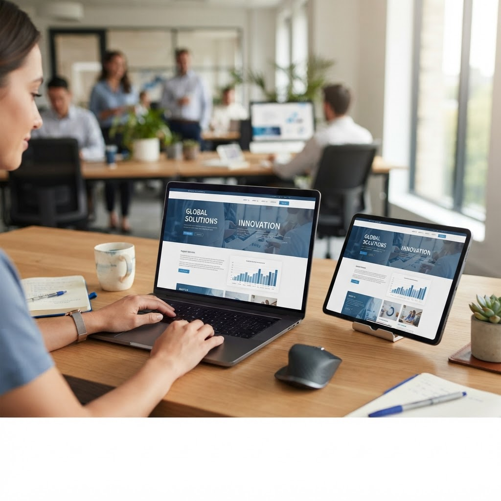 Corporate website displayed across laptop and tablet