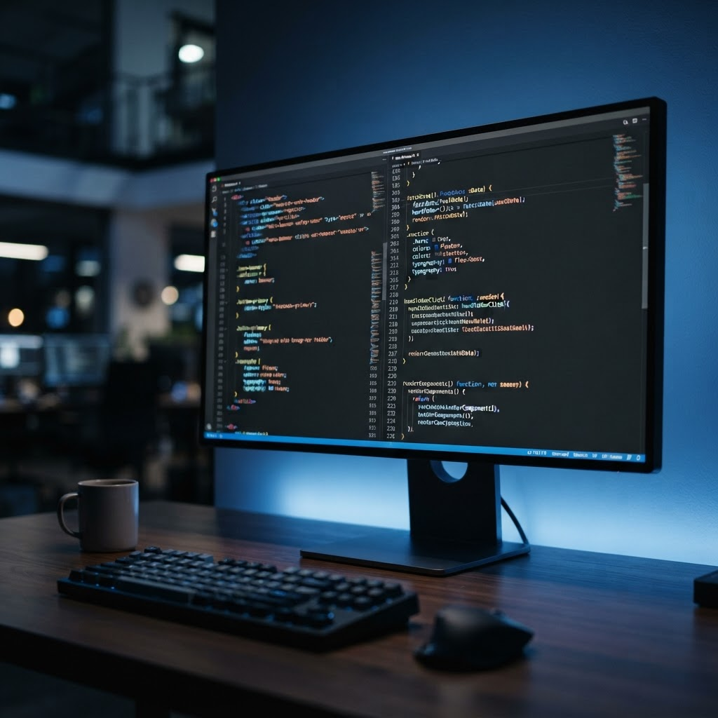 Web development code on a desktop monitor